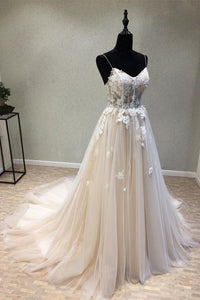 Spaghetti Straps Appliques Lace Sweetheart Sleeveless Tulle Wedding Dresses