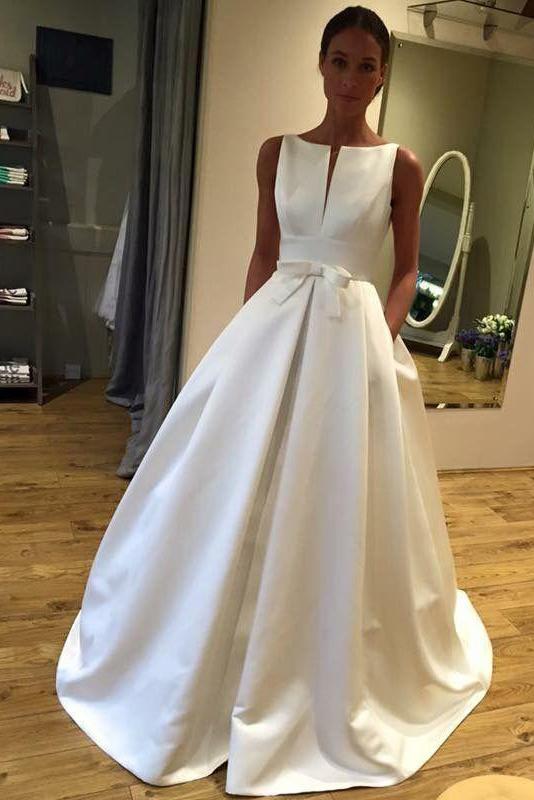 A-Line/Princess Sweetheart Sleeveless Satin Floor-Length Wedding Dresses with Bow(s)