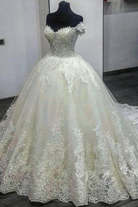 Elegant A-Line/Princess Lace Off-the-Shoulder Chapel Train Wedding Dresses
