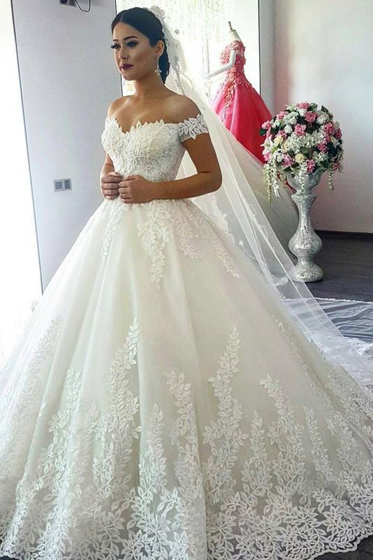 Elegant A-Line/Princess Lace Off-the-Shoulder Chapel Train Wedding Dre Okeydress Elegant A-Line/Princess Lace Off-the-Shoulder Chapel Train Wedding Dre Okeydress