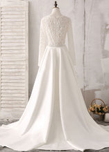 Trumpet/Mermaid Sweep Train Satin Long Sleeves V-neck Wedding Dresses with Beading