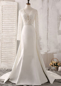 Trumpet/Mermaid Sweep Train Satin Long Sleeves V-neck Wedding Dresses with Beading