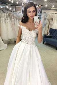 White Sleeveless  A-Line Off-the-Shoulder Satin Long Wedding Dress