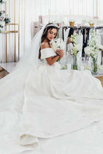 White Off-the-Shoulder  Court Train Satin Wedding Dress with Appliques