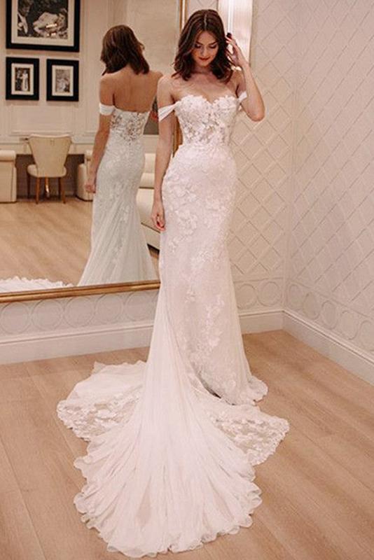 Trumpet/Mermaid Sweep Train Tulle Off-the-Shoulder Wedding Dresses
