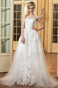 A-Line/Princess Floor-Length Lace Short Sleeves Wedding Dresses