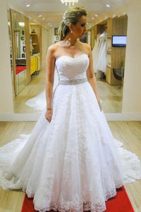 Strapless Lace Court Train Beading Wedding Dresses