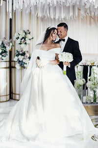White Off-the-Shoulder  Court Train Satin Wedding Dress with Appliques