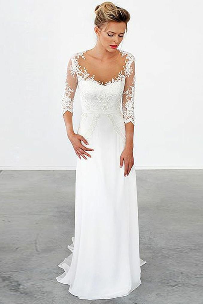 Lace Off-the-Shoulder Sweep Train  1/2 Sleeves Wedding Dresses