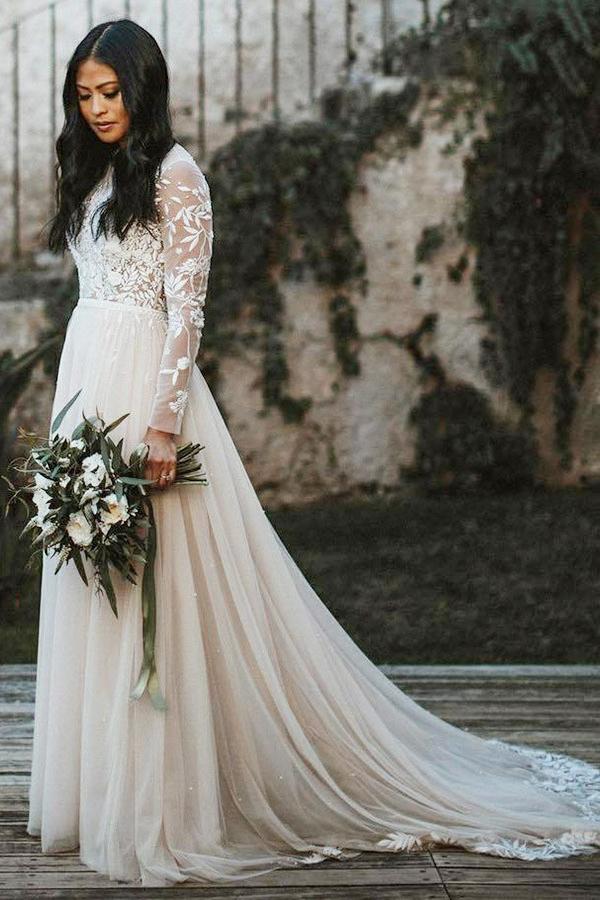 Elegant A-Line/Princess Lace Sweep Train Long Sleeves Wedding Dresses Okeydress Elegant A-Line/Princess Lace Sweep Train Long Sleeves Wedding Dresses Okeydress