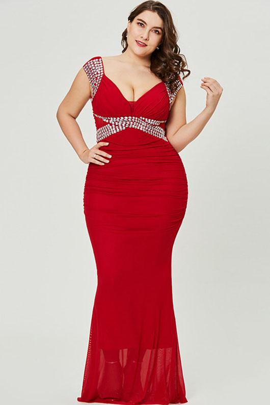 Red Plus Size Pleated Chiffon Floor-Length Prom Dresses with Beading