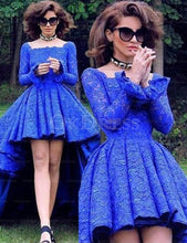 Blue Sweet Asymmetrical A-line Long Sleeves Open Back Lace Prom Dresses