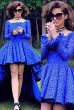 Blue Sweet Asymmetrical A-line Long Sleeves Open Back Lace Prom Dresses