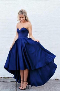 Dark Navy Gorgeous Asymmetrical High-low A-line/Princess Sweetheart Satin Prom Dresses