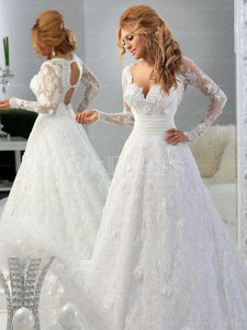 White Retro A-line Long Sleeves Court Train Lace Wedding Dresses