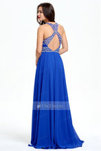 Royal Blue 2019 Long Sleeveless Chiffon Rhinestone A-line Prom Dresses