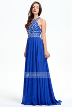 Royal Blue 2019 Long Sleeveless Chiffon Rhinestone A-line Prom Dresses