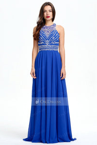 Royal Blue 2019 Long Sleeveless Chiffon Rhinestone A-line Prom Dresses