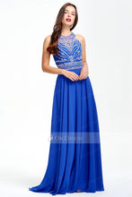 Royal Blue 2019 Long Sleeveless Chiffon Rhinestone A-line Prom Dresses