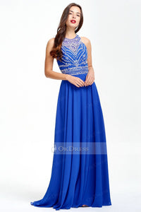 Royal Blue 2019 Long Sleeveless Chiffon Rhinestone A-line Prom Dresses