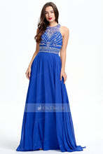 Royal Blue 2019 Long Sleeveless Chiffon Rhinestone A-line Prom Dresses