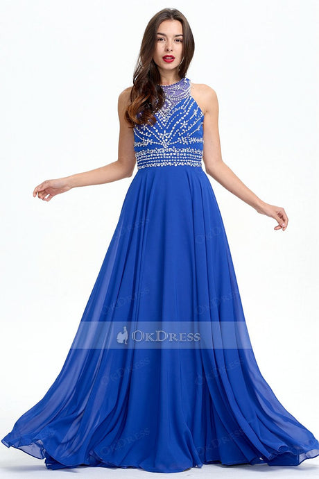 Royal Blue 2019 Long Sleeveless Chiffon Rhinestone A-line Prom Dresses