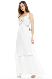 Long V-neck Beaded Cut Out White Prom Dress