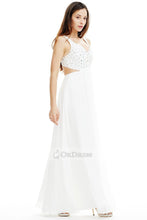 Long V-neck Beaded Cut Out White Prom Dress