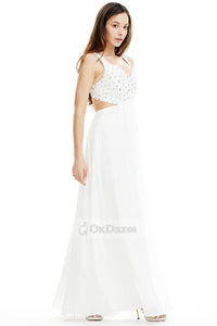 Long V-neck Beaded Cut Out White Prom Dress