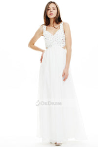 Long V-neck Beaded Cut Out White Prom Dress