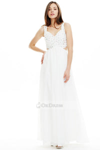 Long V-neck Beaded Cut Out White Prom Dress