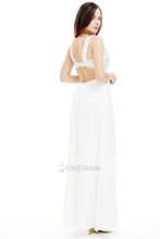 Long V-neck Beaded Cut Out White Prom Dress