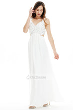 Long V-neck Beaded Cut Out White Prom Dress