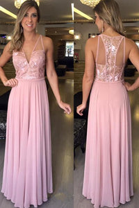 Pink Sparkly V-neck Chiffon Long/Floor-length A-line/Princess Zipper Prom Dresses