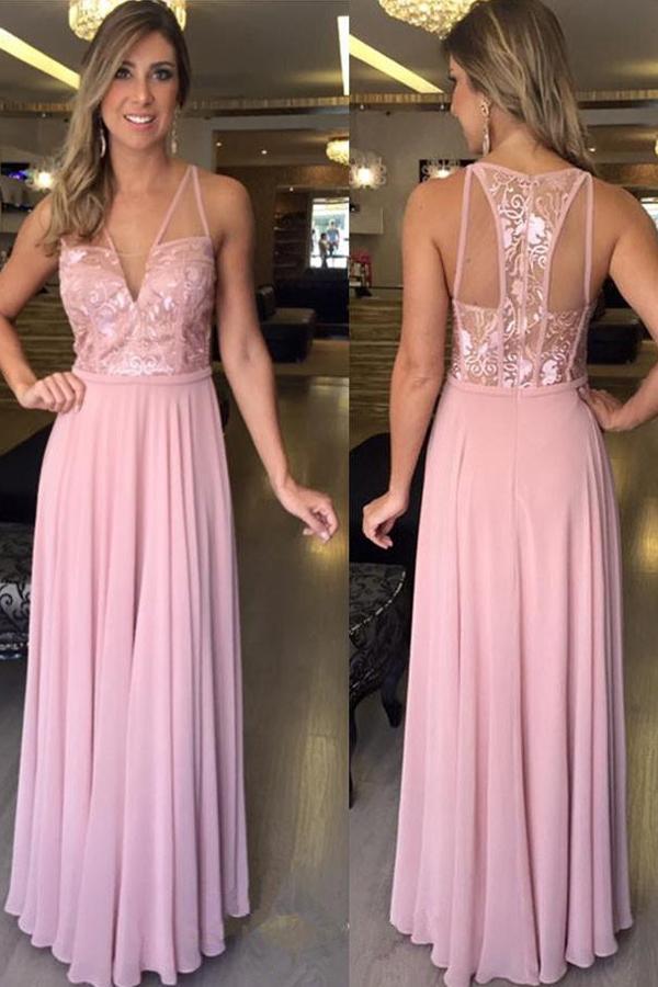 Pink Sparkly V-neck Chiffon Long/Floor-length A-line/Princess Zipper Prom Dresses
