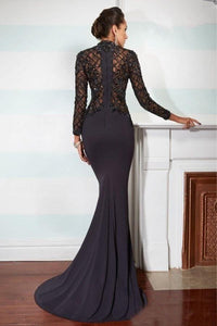 Black Most Popular Jersey Sheath/Column High-neck Appliqued Evening Dresses
