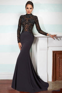 Black Most Popular Jersey Sheath/Column High-neck Appliqued Evening Dresses
