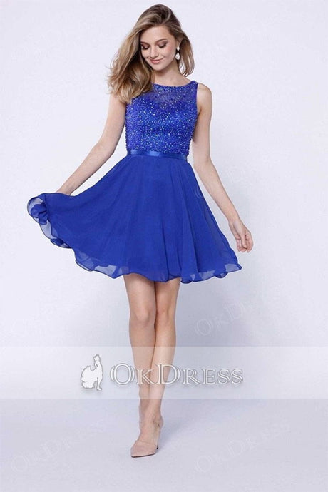 Blue A-line/Princess Sleeveless Beading Short Formal Cocktail Dresses