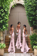 Pink Vogue Trumpet/Mermaid Spaghetti Straps Lace Appliques Long Bridesmaid Dresses