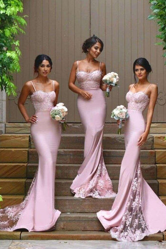 Pink Vogue Trumpet/Mermaid Spaghetti Straps Lace Appliques Long Bridesmaid Dresses