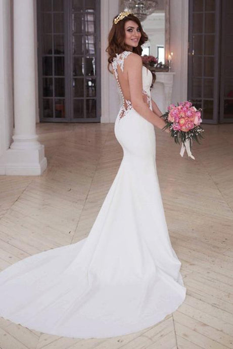 White Cute Scoop Lace Zipper Wedding Dresses