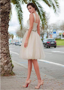 Ivory Absorbing Satin & Tulle Sweetheart Neckline A-Line Knee-Length Homecoming Dress with Beaded Lace Appliques