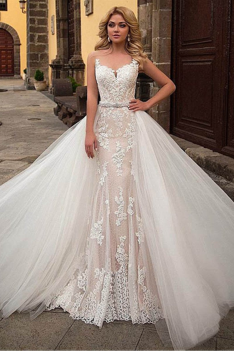 Champagne Modern Sleeveless Church Train  Wedding Dress with Removable Skirt