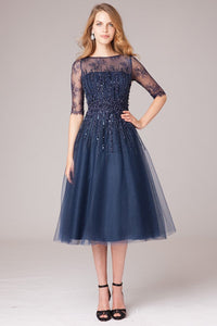 Beaded Tea-length Tulle Mother of the Bride Dresses