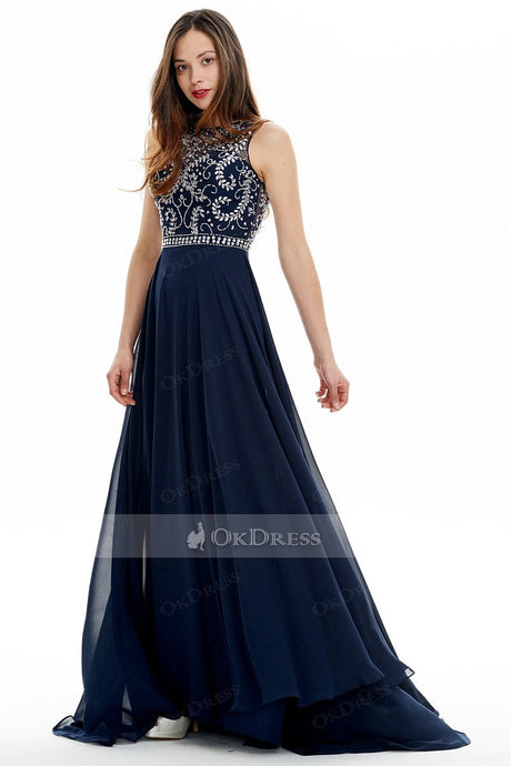 Dark Navy Hot Bateau Long Chiffon A-line Evening Dresses