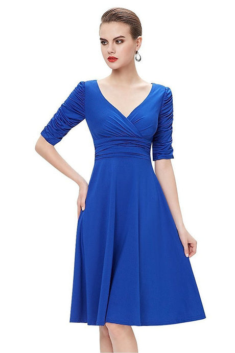 Blue A-line V-neck 1/2 Sleeves Knee-length Formal Cocktail Dresses