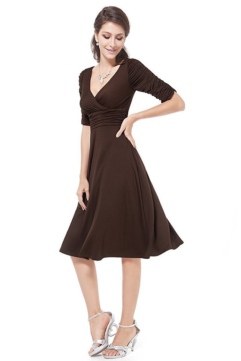 A-line V-neck 1/2 Sleeves Knee-length Formal Brown Cocktail Dresses