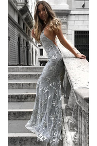 Silver Mermaid/ Trumpet Spaghetti straps Lace Applique Beading Long Prom Dresses