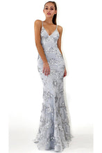 Silver Mermaid/ Trumpet Spaghetti straps Lace Applique Beading Long Prom Dresses