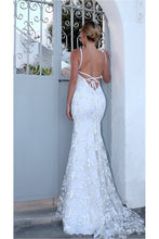 White Mermaid/ Trumpet Spaghetti straps Lace Applique Beading Long Prom Dresses
